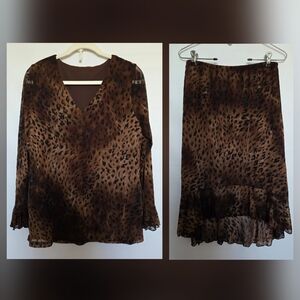 LEOPARD PRINT TOP & SKIRT SET BLACK BROWN SILVER SPARKLES WOMENS MED/LRG